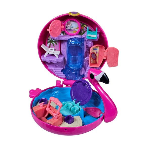 2017 Mattel Polly Pocket Flamingo Floatie Pink Compact Playset Only No Dolls - Picture 4 of 7